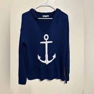 Marled Navy Blue Anchor Hooded Knit Sweater Coastal Nautical Pullover Size M